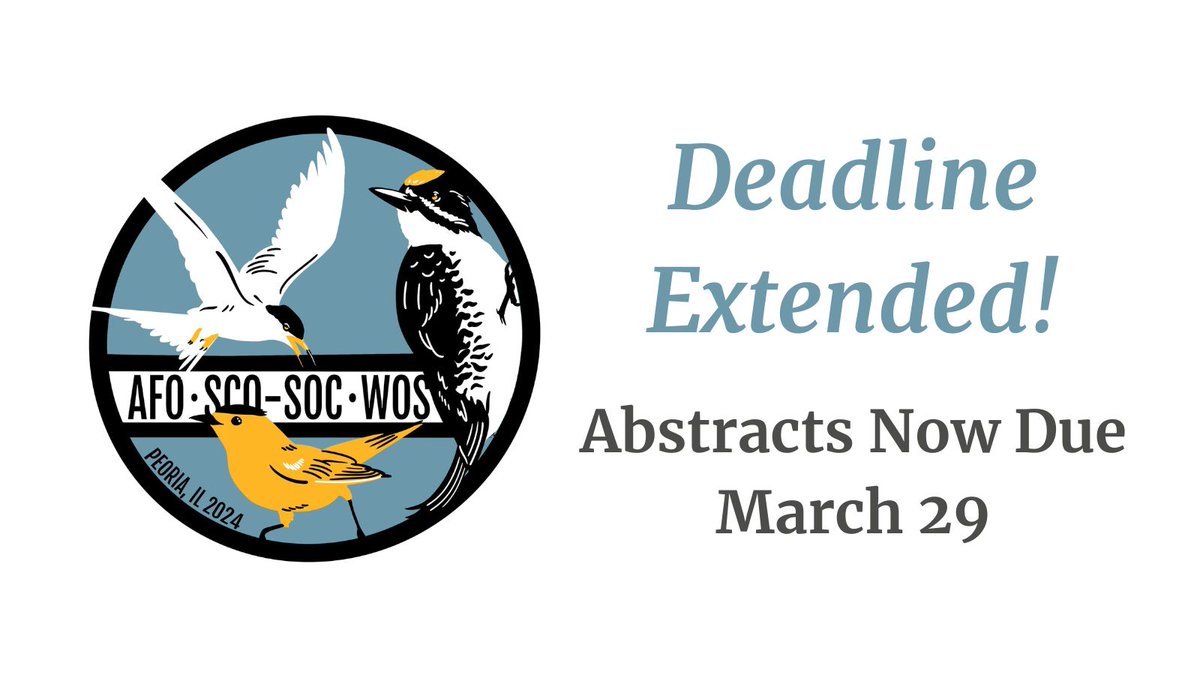 📢 Breaking news! The deadline to submit an abstract for #AFOSCOWOS24 has been EXTENDED to March 29. We hope you'll share your #ornithology with us this summer! afoscowos2024.org/call-for-abstr…