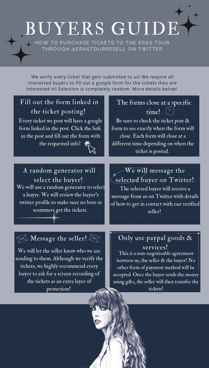 ErasTourResell's tweet image. Looking to purchase tickets to Taylor Swift | The Eras Tour? 
Read our buyers guide on how to have a chance to purchase tickets for face value through us!! 🫶🏼