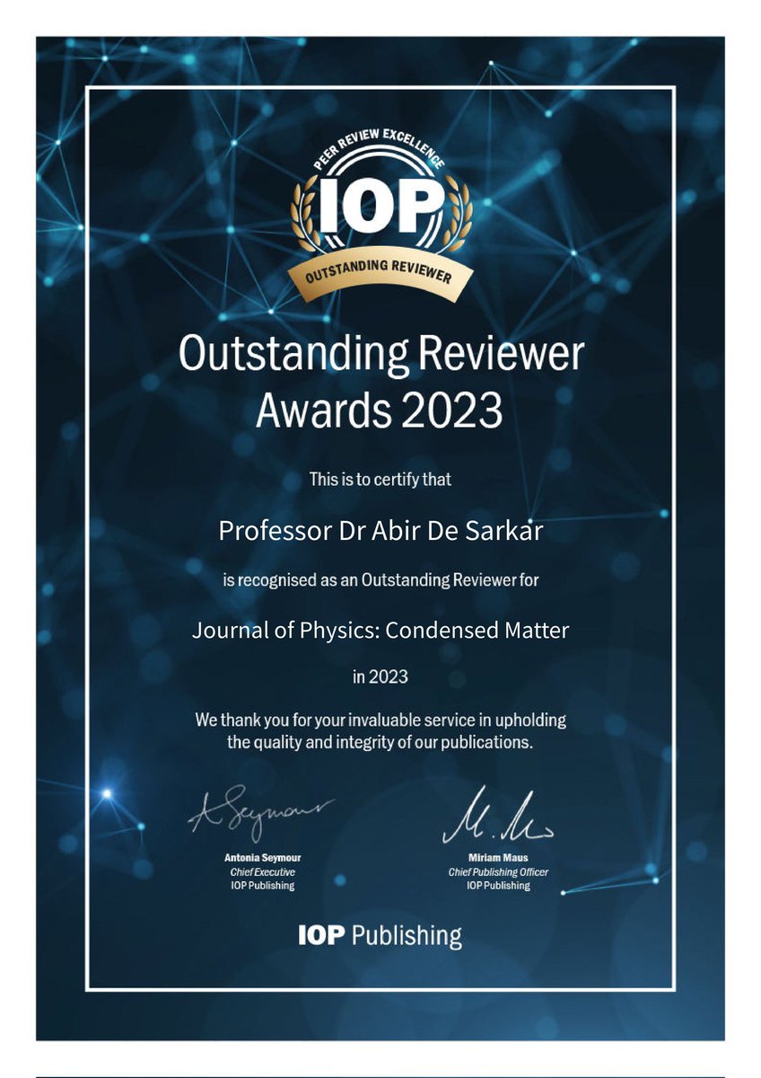 Congratulations to Prof Abir De Sarkar on being recognized as an outstanding reviewer for Nanoscale and the Journal of Physics: Condensed Matter. He has been selected by the editorial teams for his significant contributions to the journals’ peer review in 2023 @IndiaDST