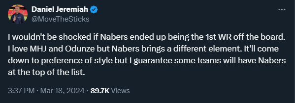 hagrinNFL's tweet photo. I've been waiting for one of the big draft guys to send this tweet.

It's a bridge too far for me because "the slot is a finite and shared resource" &amp; MHJ is far superior on the outside, but would love for this to pick up steam for #porps. https://t.co/j09zKaQaIe