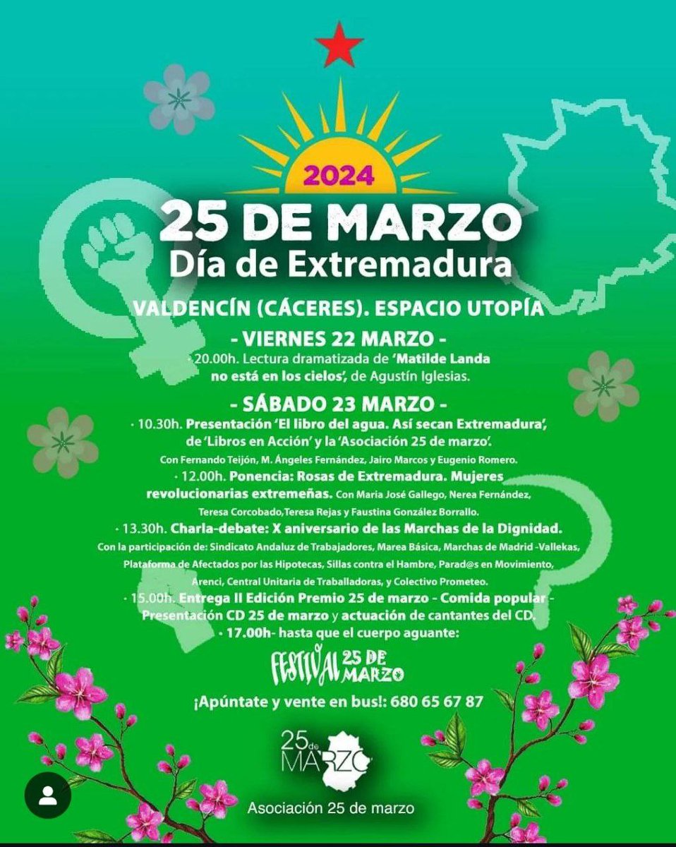 [#VALDENCÍN - CELEBRACIÓN POPULAR DEL 25 DE MARZO, VERDADERO DÍA DE #EXTREMADURA]

🟩⬜️⬛️ Teatro, debates, charlas, libros, homenajes y reconocimientos, comida popular, música, poesía, mercadillo artesanal, zona de acampada...

📆 Viernes 22 y 23 de Marzo
📍 Valdencín (#Cáceres)