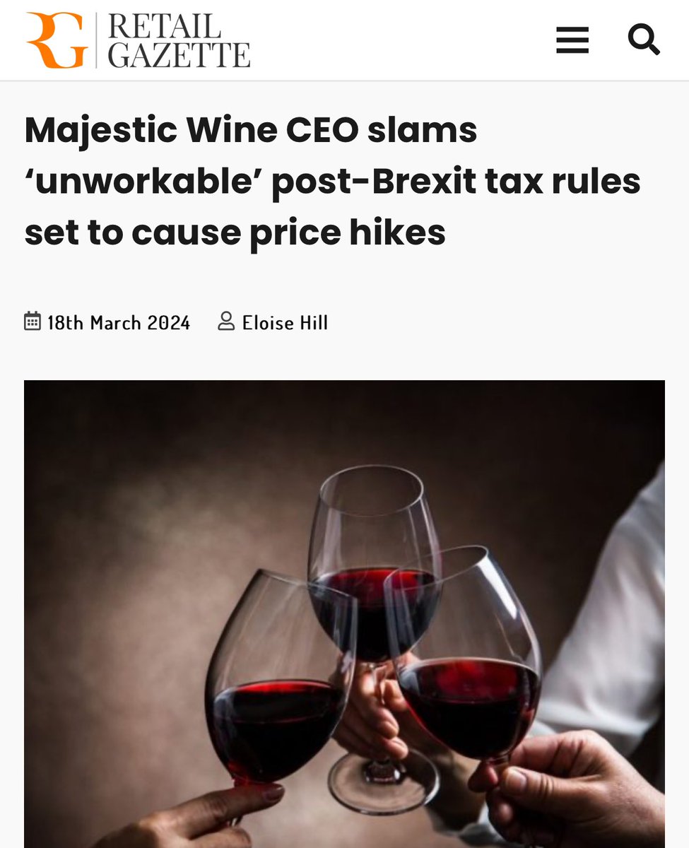 More Brexit pain 😩 🍷 Majestic Wine boss slammed the new post-Brexit alcohol duty system, warning it will cost both businesses and shoppers more money. 🍷 Red wines could rise by over 40% next year after the government ignored calls from the wine industry to scrap complicated