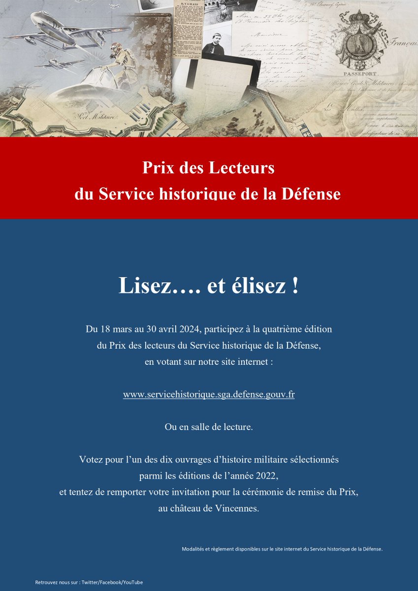 Le SHD lance la quatrième édition de son Prix des #lecteurs ! 📖 Du 18 mars au 30 avril 2024, votez pour l'un des dix ouvrages d'histoire militaire en compétition et tentez de remporter une place pour la soirée de remise du Prix. 👉 cutt.ly/Pw2npjuF