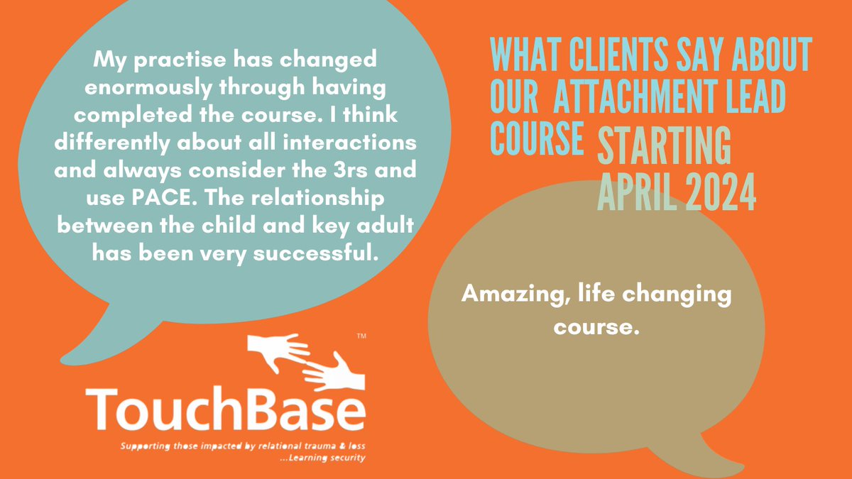 Attachment Lead training, Starting April 2024 -Understanding how to support adopted, fostered and troubled pupils to settle and learn.For more information please click the link: touchbase.org.uk/wp-content/upl…
