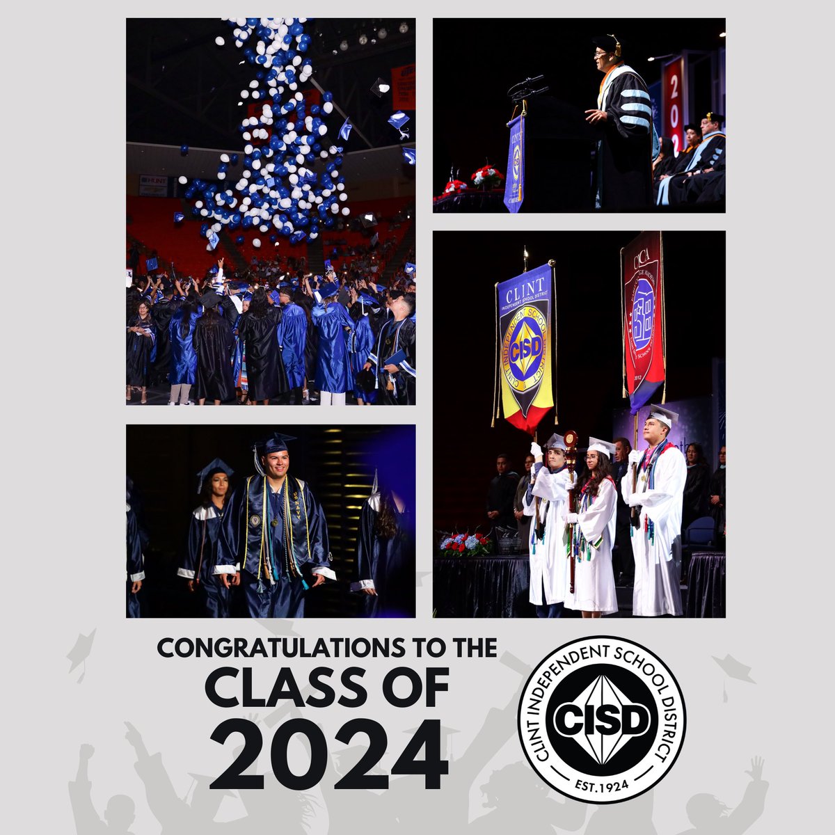 Graduation dates for our class of 2024 will be: CECA- May, 28, 2024 at 3PM Clint High School- May 28, 2024 at 7PM Mountain View High School- May 29, 2024 at 3PM Horizon High School- May, 29, 2024 at 7PM All graduations will take place at the Don Haskins Center. 👩‍🎓🧑‍🎓🎓🎉