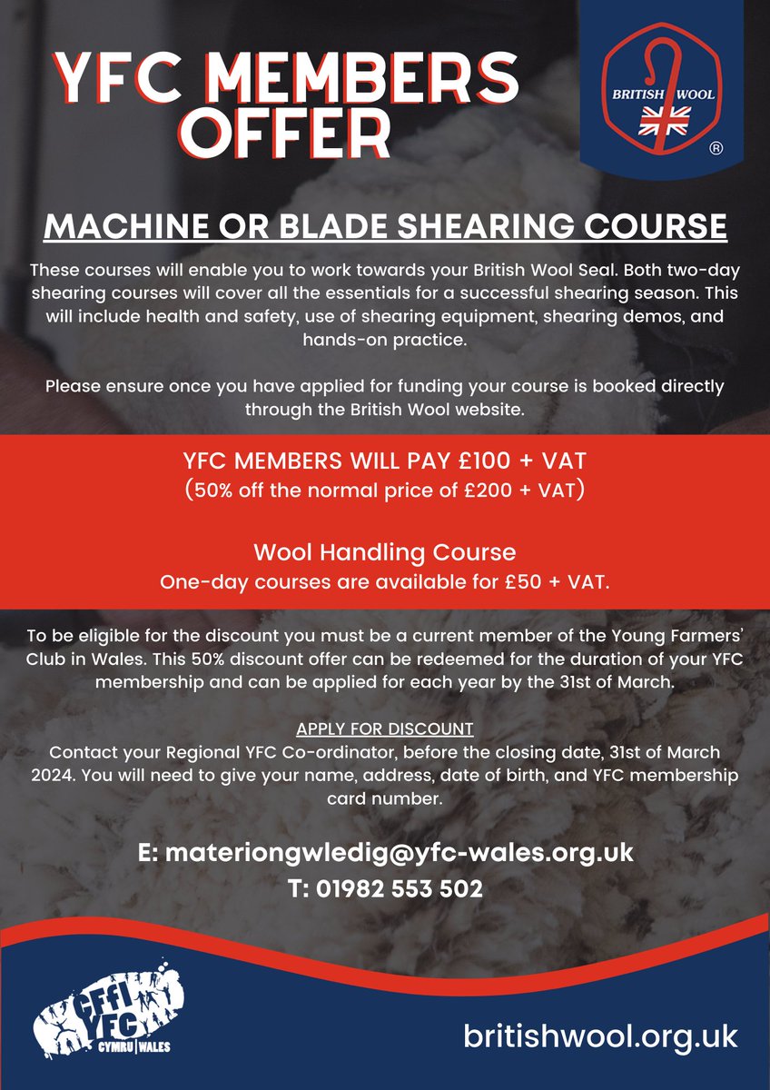 🐑 2 Weeks to go - Wales YFC Members Offer 🐑💜 Machine or Blade Shearing Course - 50% off the normal price. Sign up below!👇🏼 form.jotform.com/240725821090047 For further information contact the Wales YFC Office - 01982 553502 / materiongwledig@yfc-wales.org.uk 📧