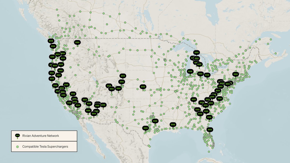 Rivian's tweet image. Fast charger access just doubled. Rivian vehicles can now tap into 15,000+ Tesla Superchargers — rapidly expanding the fast charging experience for our customers. Initially, a NACS DC adapter is needed for access, shipping free to owners starting this spring.…
