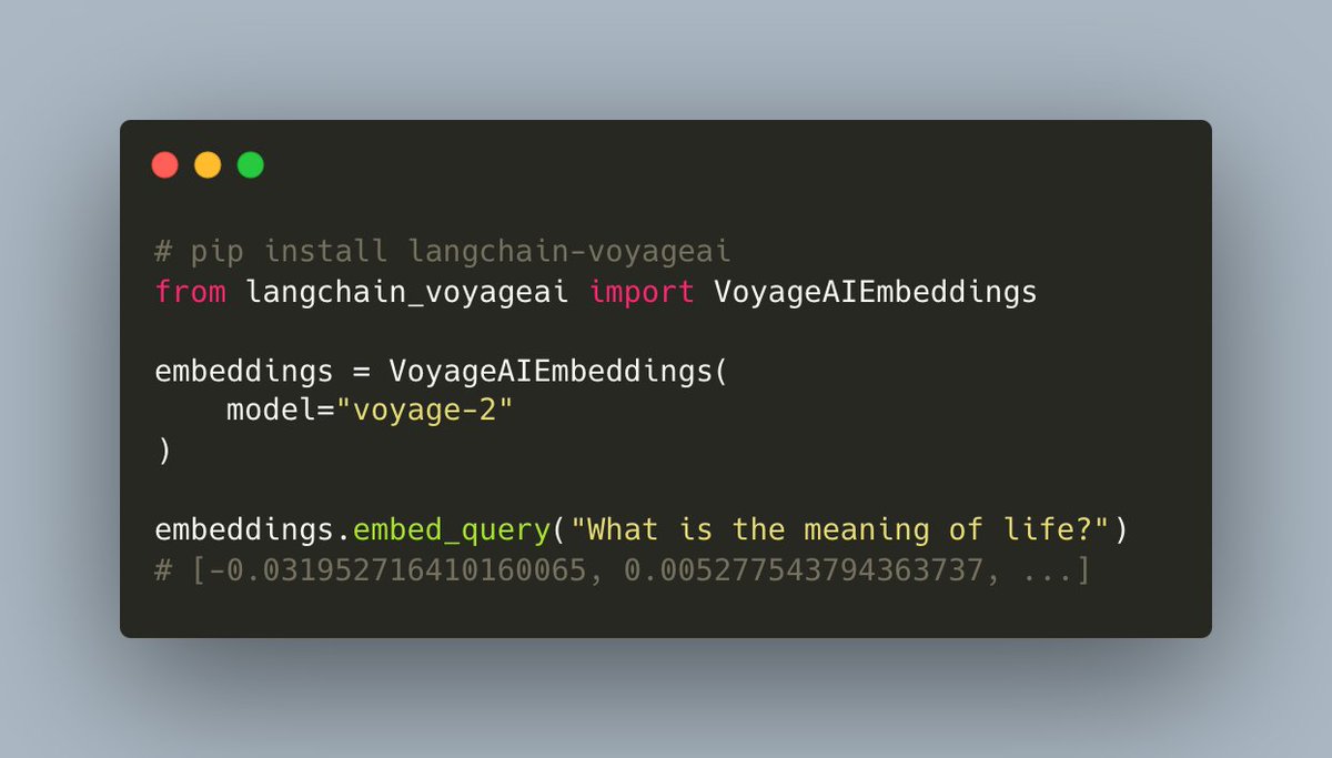 ⛵ @Voyage_AI_ Embedding Integration Package ↗️ Use the same custom embeddings that power Chat LangChain via the new langchain-voyageai package! Recommended by @AnthropicAI as their preferred embedding provider, Voyage AI builds custom embedding models for your company or