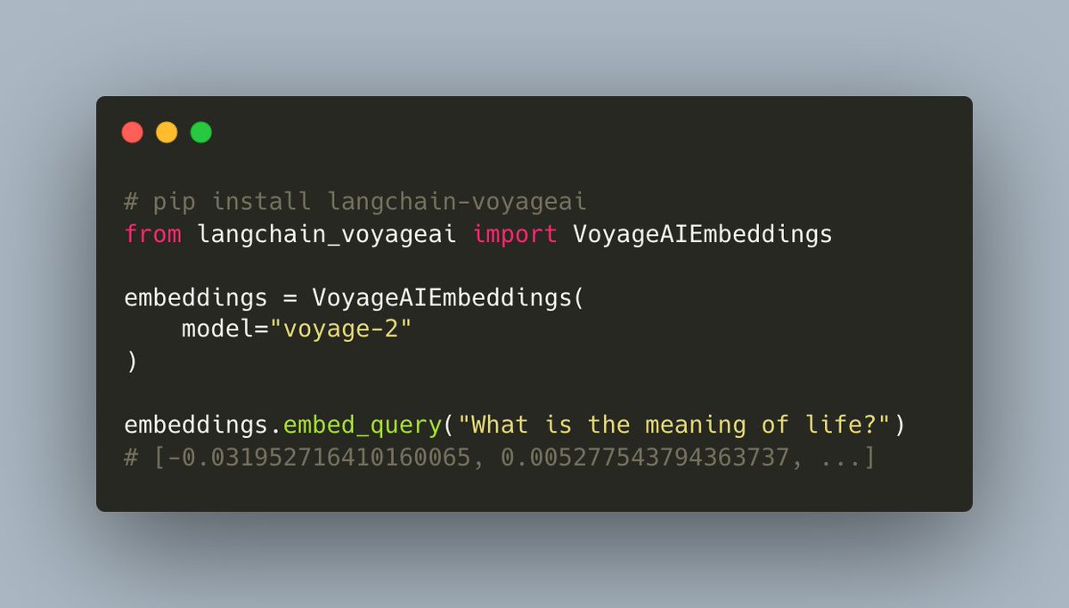 ⛵ <a href="/Voyage_AI_/">Voyage_AI_</a> Embedding Integration Package ↗️

Use the same custom embeddings that power Chat LangChain via the new langchain-voyageai package! Recommended by <a href="/AnthropicAI/">Anthropic</a> as their preferred embedding provider, Voyage AI builds custom embedding models for your company or