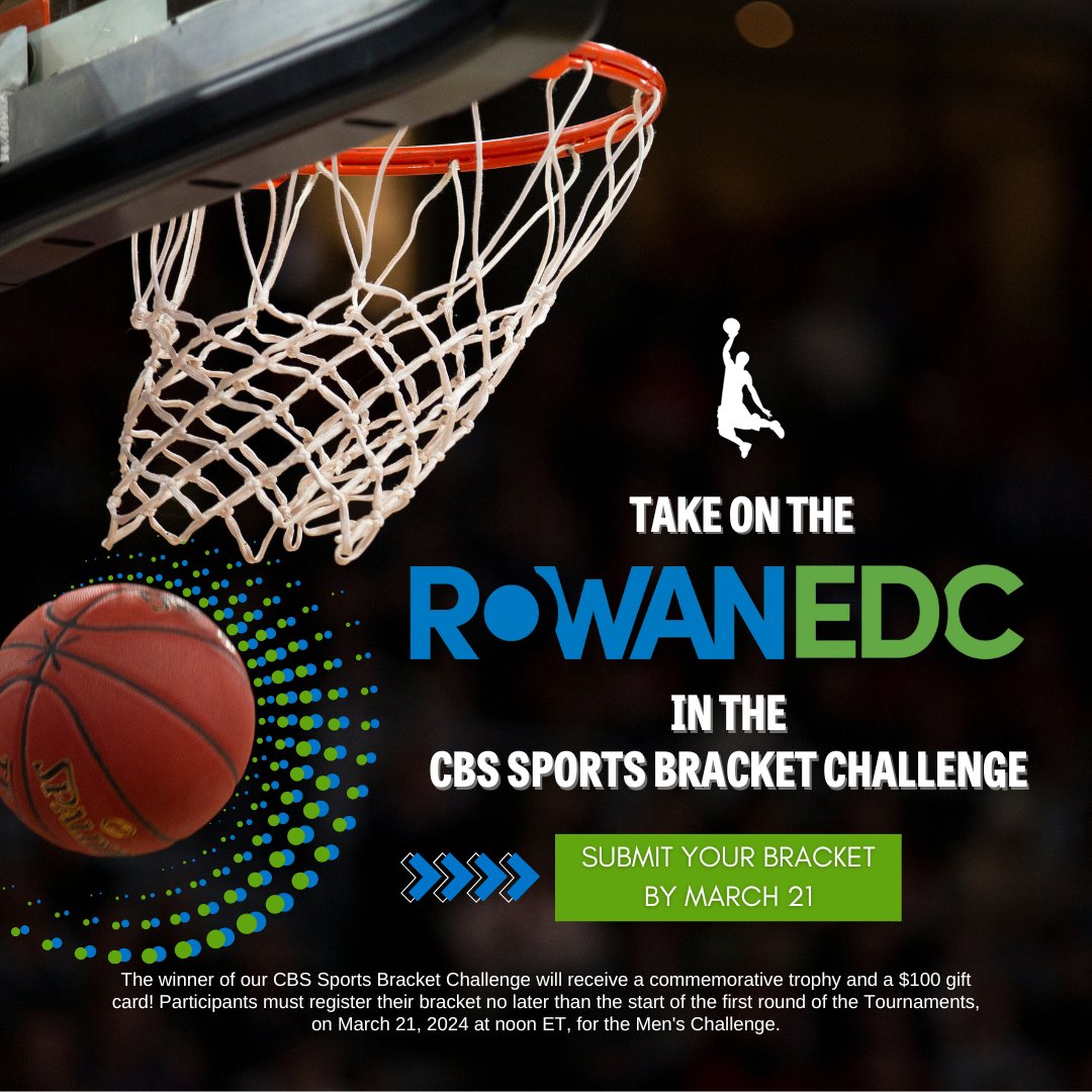 Bracket Time! 🏆 Join the 2024 NCAA Bracket Challenge & compete against the Rowan EDC team. Could you win a trophy & $100 gift card? 🏀 Submit your bracket here: hubs.ly/Q02pND7M0 Register by noon ET, March 21. #MarchMadness #CBSBracketChallenge #EconDev