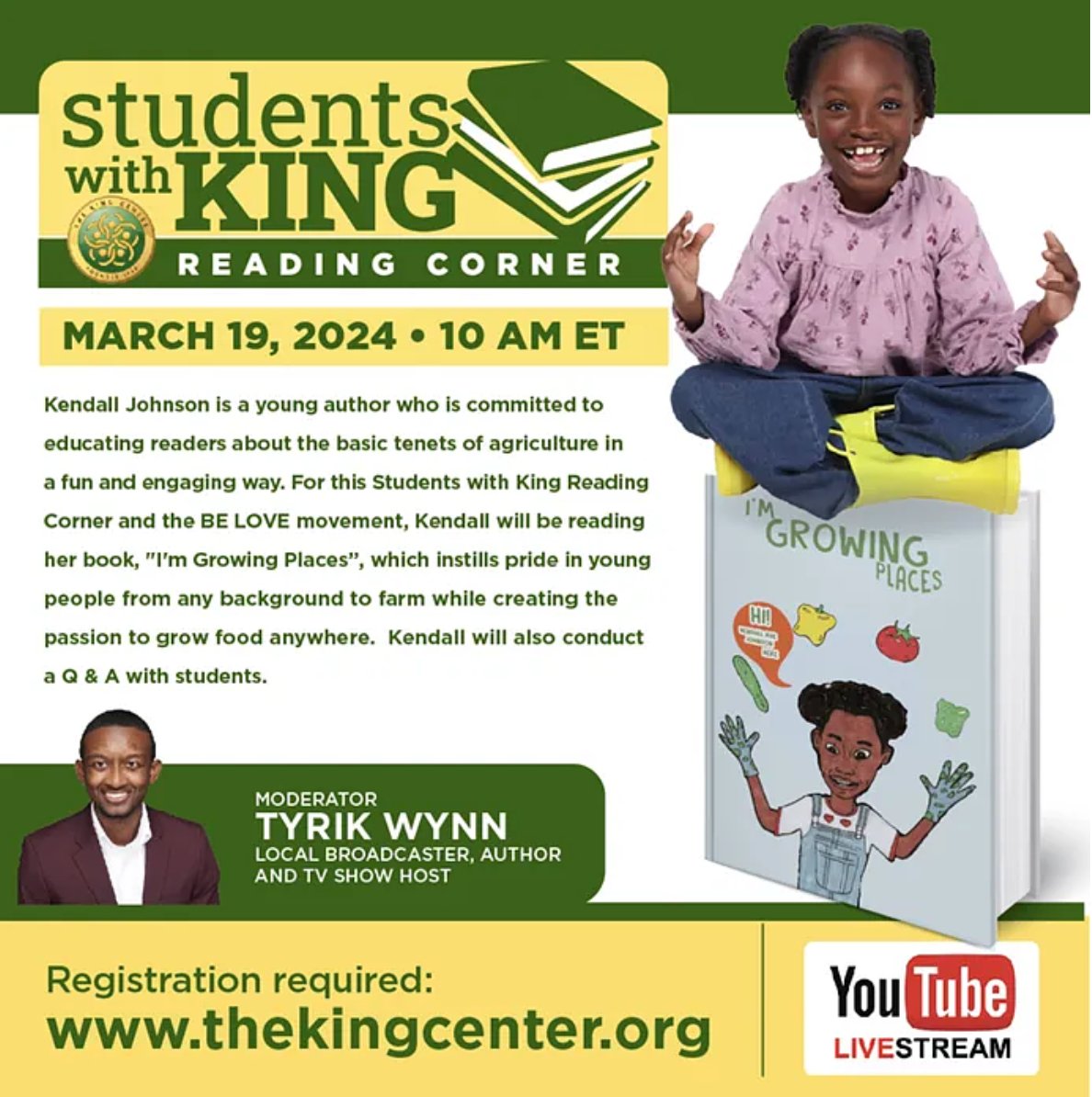 If you haven't already, make sure you register for the #StudentsWithKing Reading Corner. It is happening tomorrow at 10:00 a.m. with moderator Tarik Wynn. Visit our website and register now at thekingcenter.org.