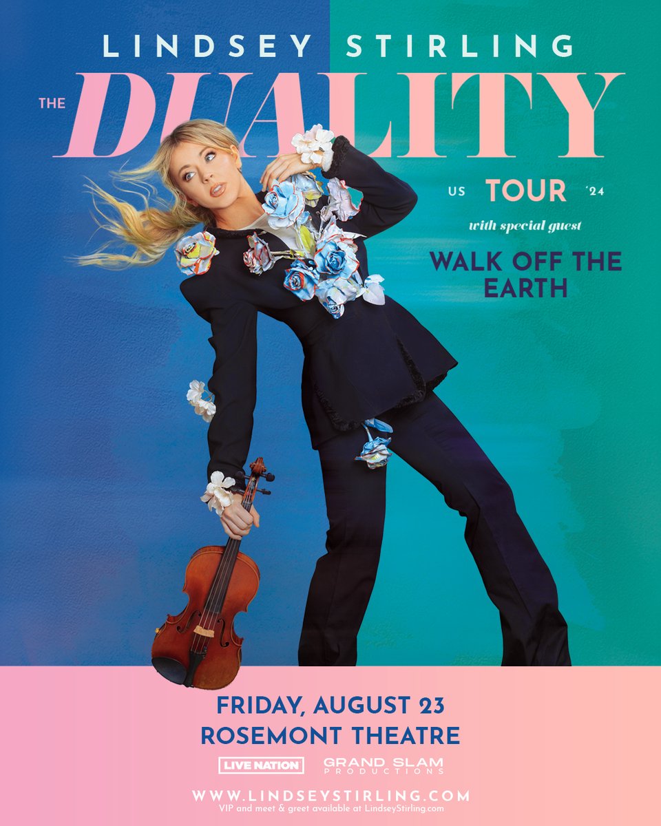 🎻✨ Big news! Lindsey Stirling is bringing her magical performance to Rosemont Theatre on August 23! 🌹🎭 Don't miss out on this electrifying night! 🎟️💫 #LindseyStirling #RosemontTheatre
