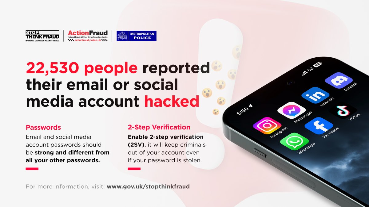 ⚠️ 22,530 people reported their email or social media accounts hacked in 2023. ✅Enabling 2-step verification (2SV) can keep hackers out of your account, even if they know your password ℹ️Find out more here 👇stopthinkfraud.campaign.gov.uk/protect-yourse… #TurnOn2SV #CyberProtect