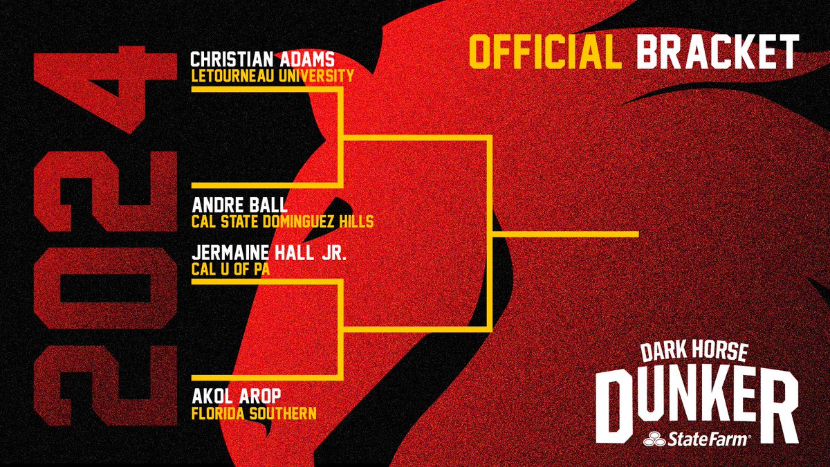 CollegeSLAM's tweet photo. The semifinals for the @StateFarm Dark Horse Dunker Fan Vote are here 👀

Voting beings TODAY at Noon CT right here on Twitter to move your favorite on to the championship round ✅

#DarkHorseDunker x #CollegeSlam https://t.co/n0CwTpCIMD