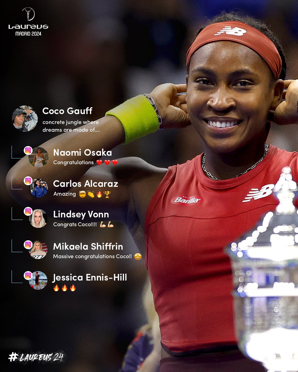 Athletes supporting athletes 🤝 How the sporting world reacted to Coco Gauff’s first US Open title… 🏆 Laureus World Breakthrough of the Year Nominee ✨ #Laureus24