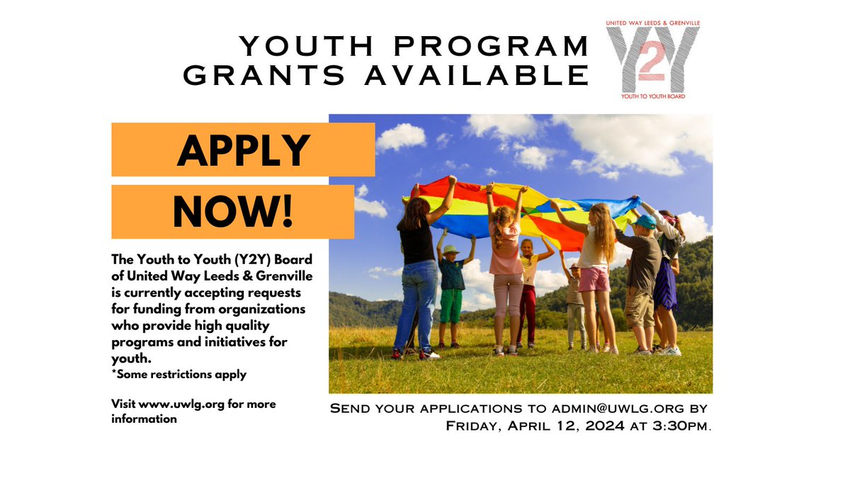 The Youth to Youth (Y2Y) Board of United Way Leeds & Grenville is currently accepting requests for funding from organizations who provide high quality programs and initiatives for youth. For more information visit: uwlg.org/our-youth-to-y…