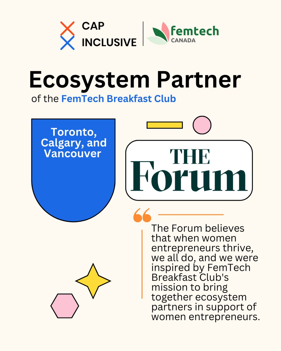 We are thrilled to announce <a href="/theforumca/">The Forum</a> as an Ecosystem Partner for the #FemTechBreakfastClub in Toronto, Calgary, and Vancouver! 

Apply to pitch today 👉 airtable.com/app5D5ClyDnmNn…