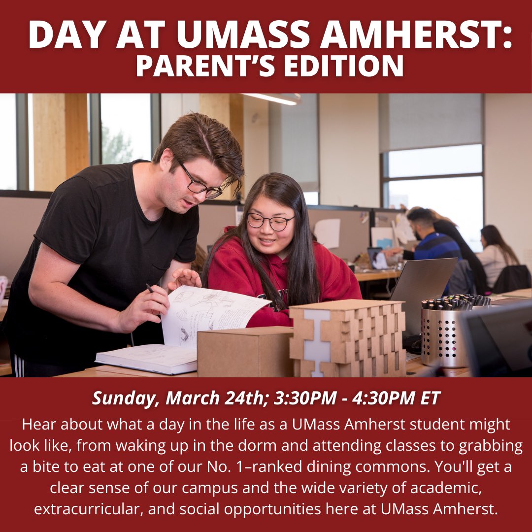 This Sunday, we're having two virtual events for families of students admitted to @UMassAmherst! 👪💻 1️⃣ UMass Amherst Family-to-Family Panel; 2:00PM - 3:00PM ET 2️⃣ Day at UMass Amherst: Parents' Edition; 3:30PM - 4:30PM ET A link to register will be sent to your emails!