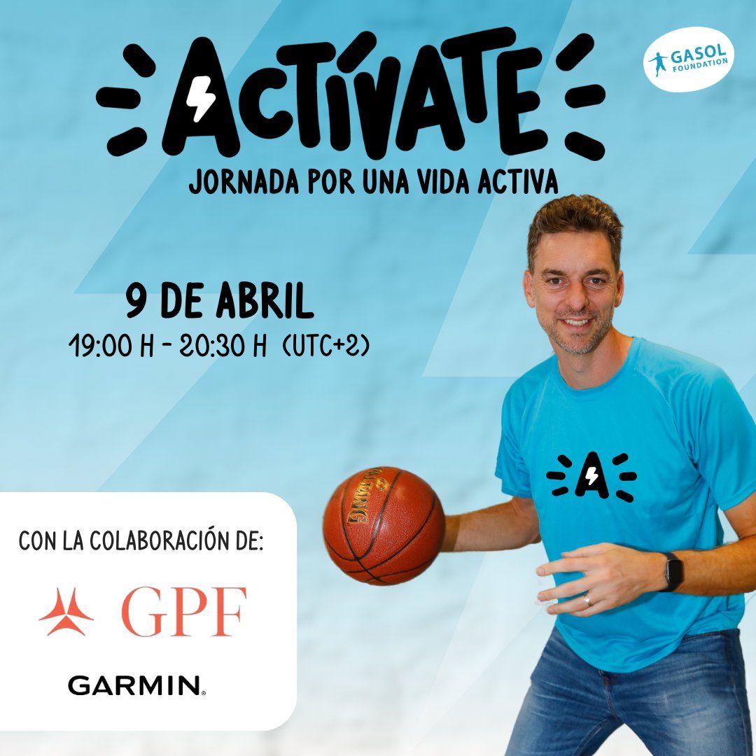 ¡Vuelve la #JornadaActívate⚡! ➡️El martes 9 de abril a las 19:00 celebraremos el Día Mundial de la Actividad Física con Pau Gasol y multitud de expertos del ámbito académico en la tercera edición de este evento en línea. ✅ Puedes inscribirte gratis en: gasolfoundation.org/es/jornada-act…