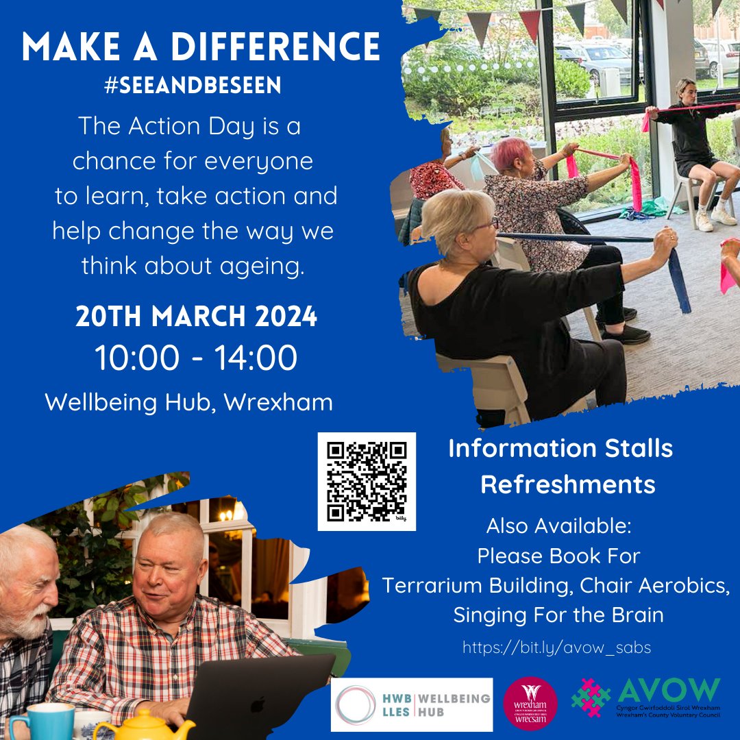 The Age Without Limits Action Day AVOW will be joining other at the Hwb Lles Wrecsam / Wellbeing Hub Wrexham for a whole range of activities to mark the day. Why not make some space and join us? For more information on the day : avow.org/see-and-be-see… #Wrexham #SeeAndBeSeen