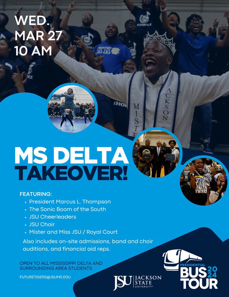 It’s a MS Delta takeover, Are you ready? We sure are! Join us at the Washington Convention Center for a fun and informative day. Come learn what JSU can offer you 💙🤍