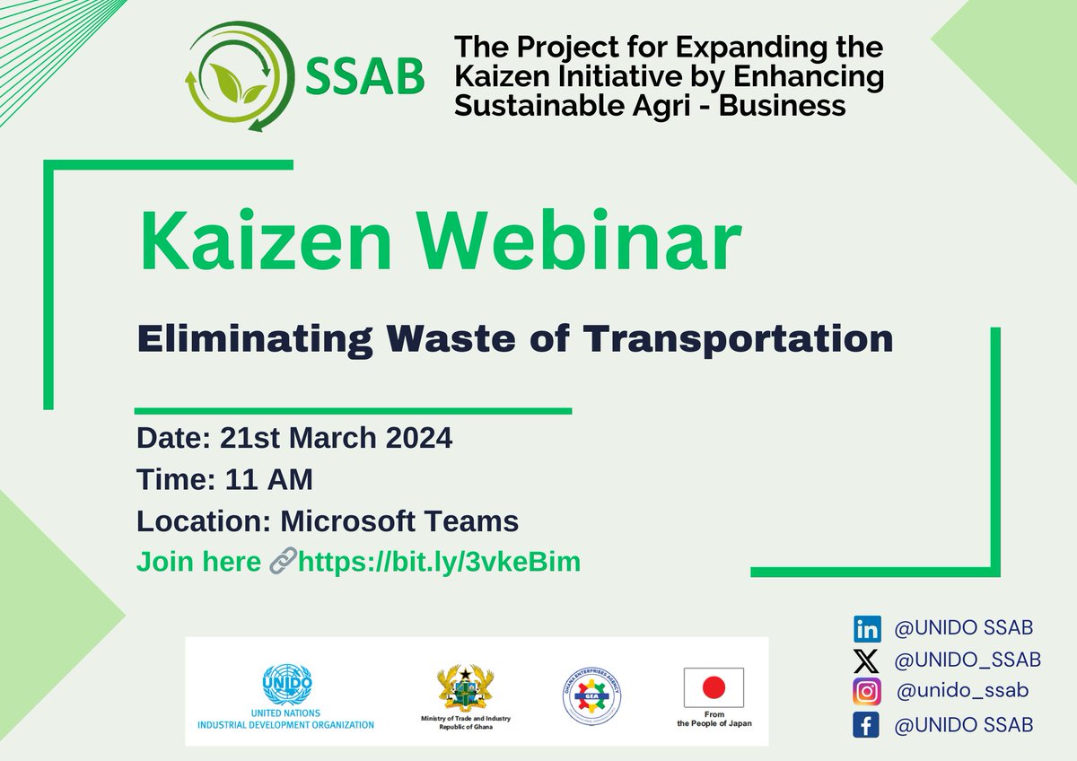 Join the next session of <a href="/UNIDO/">UNIDO</a>  and <a href="/gea_ghana/">Ghana Enterprises Agency</a>  #Kaizen virtual class on Thursday, 21st March 2024 at 11 AM to learn about the Kaizen strategy of Eliminating Waste of Transportation and how to practice as an entrepreneur.
Register  👉 bit.ly/3vkeBim
#UNIDO #SDGs #japan