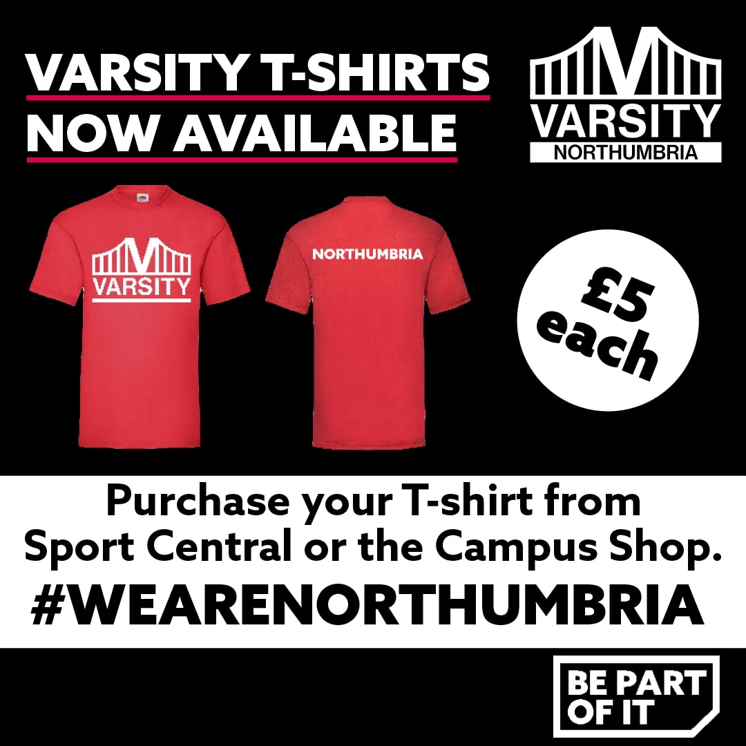 👕 VARSITY T-SHIRTS 👕 Varsity T-shirts now on sale! These are now available to purchase from Sport Central or the Campus Shop for just £5 each! Let's get a sea of red for Varsity! Wear your colours with pride! Let's go Northumbria!! ⚫🔴