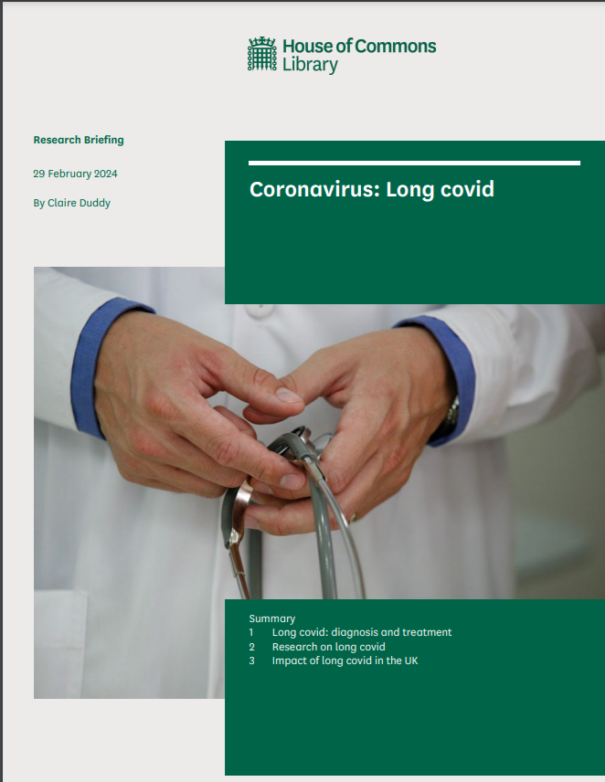 🧵The @HouseofCommons has produced a report on #LongCovid 'There is currently no effective treatment for long covid.' The report notes that the @NICEComms guidance has not been updated since 2021 The £50m research funding paid out in 2021 is highlighted researchbriefings.files.parliament.uk/documents/CBP-…