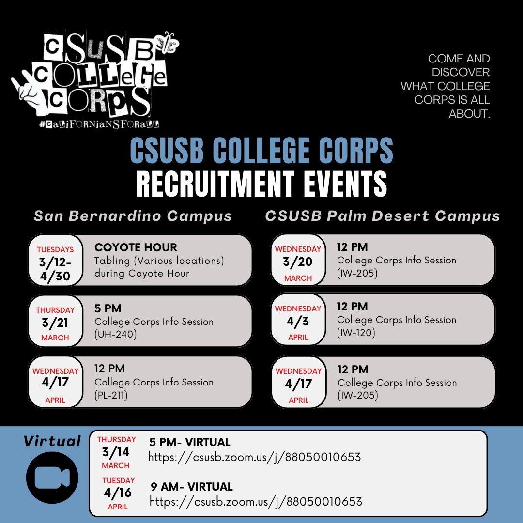 Attention CSUSB Palm Desert Students, are you curious about College Corps program and have some inquiries? Join us this Wednesday, as we share what the College Corps program entails! Location: CSUSB Palm Desert Campus IW-205 Time:12:00PM