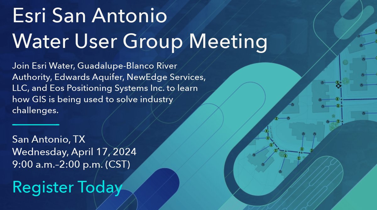 The #EsriWater team is headed to San Antonio, Texas! Registration is now open for our April 17th water user group meeting. Click here to register: esri.social/vhwt50QVOeM