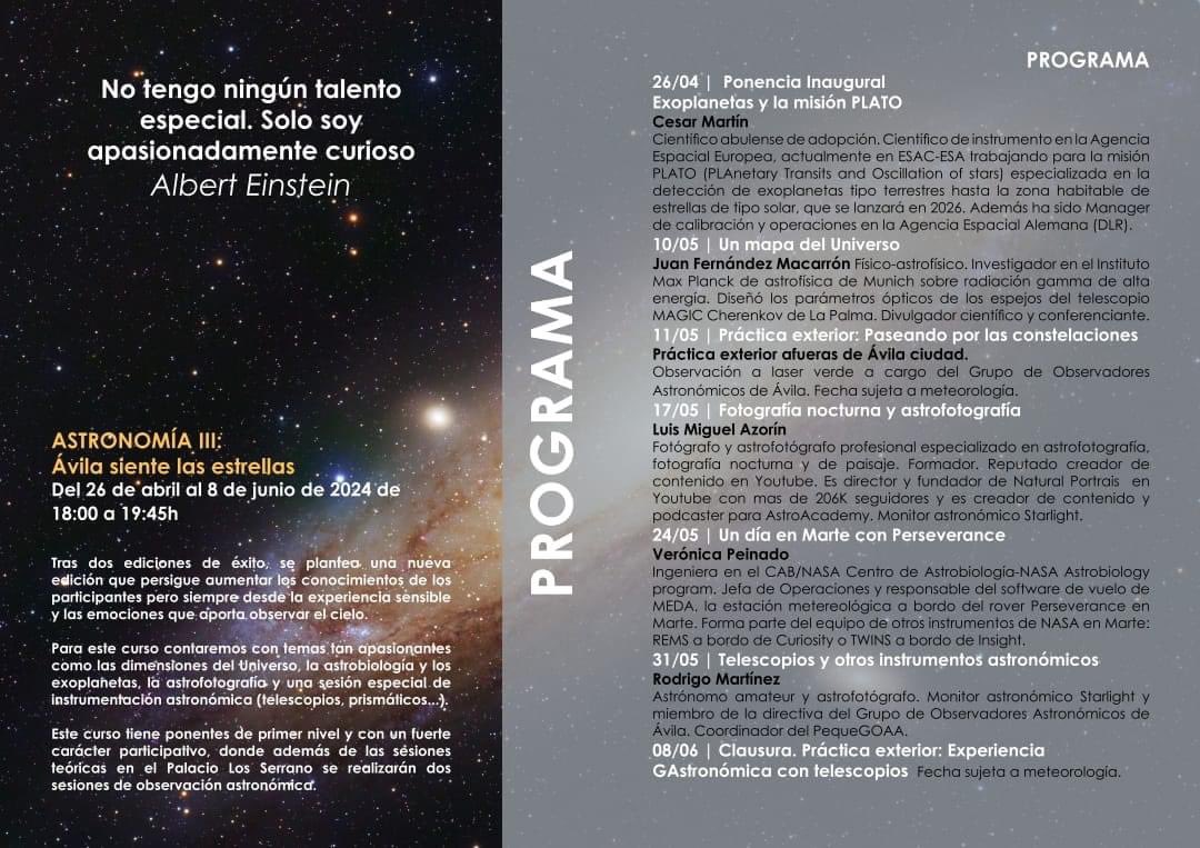 Nuevo curso!!! <a href="/Fundacion_Avila/">Fundación Ávila</a>  junto a  <a href="/GOAAVILA/">Grupo de Observadores Astronómicos de Ávila</a>. Y yo me encargo de cerrar el curso, toda una responsabilidad!!!