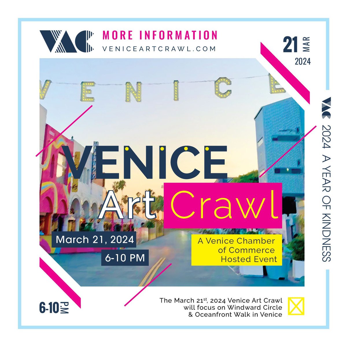 Dive into Venice's lively art scene at the Venice Art Crawl! 🎨 Join us on Thursday, Mar 21, 6-10 PM, for a night filled with creativity. Explore art spaces and hidden treasures around Windward Circle and Oceanfront Walk. Don't miss this unique experience! #VeniceArtCrawl