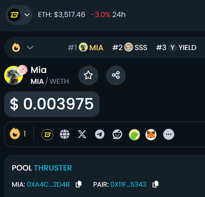 Fade not she who consistently trends worldwide as the #1 token on an L2 chain that is underexposed to the billions of dollars in liquidity coming in. Preparing for full BLAST mode, lead by <a href="/PacmanBlur/">Pacman | Blur + Blast</a>.

$MIA is $BLAST founder's pup. History repeats itself when you least expect 👀