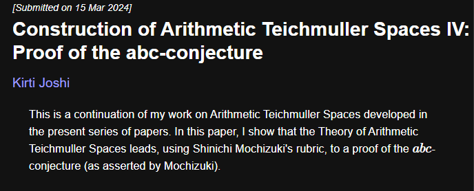 academath's tweet image. 💡 ICYMI: Kirti Joshi (@uarizona) on the abc conjecture  

arxiv.org/abs/2403.10430

#abcconjecture #ShinichiMochizuki #NumberTheory 

cc @adhara_mathphys @CardColm @DynamicsSIAM @411emilio @55enrique @hottaqu @Prof_Xico @signor_aldo @StephenABoydPh1