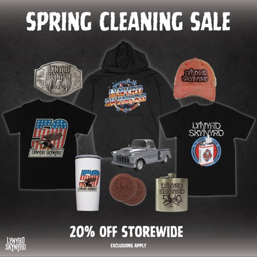 Skynyrd’s Spring Cleaning Sale is happening this week, March 20th through March 24th! Head to our store for 20% off Sitewide (excluding media). Only happening for a short time, so be sure to stock up on items while you can at store.lynyrdskynyrd.com