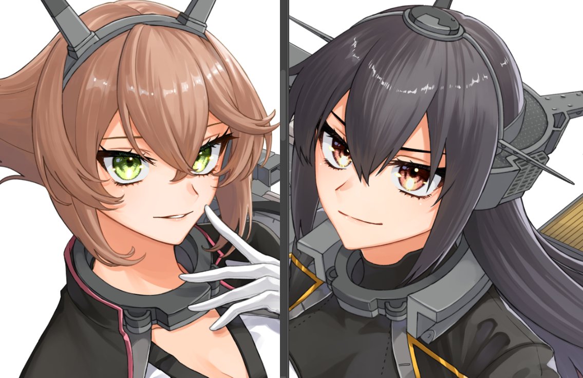 mutsu (kancolle) ,nagato (kancolle) long hair breasts looking at viewer smile short hair simple background multiple girls  illustration images