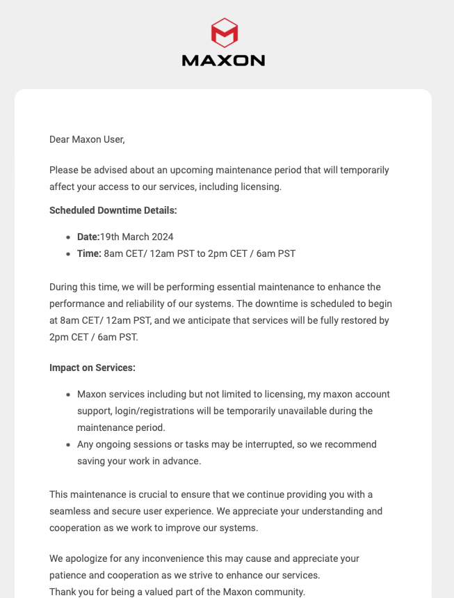 JoelOtron's tweet photo. 6 hours of down time...this would have been much less taxing on the hundreds (thousands?) of professional Maxon customers to attempt on a weekend maybe, rather than during the week? https://t.co/4Fub5AEHmd