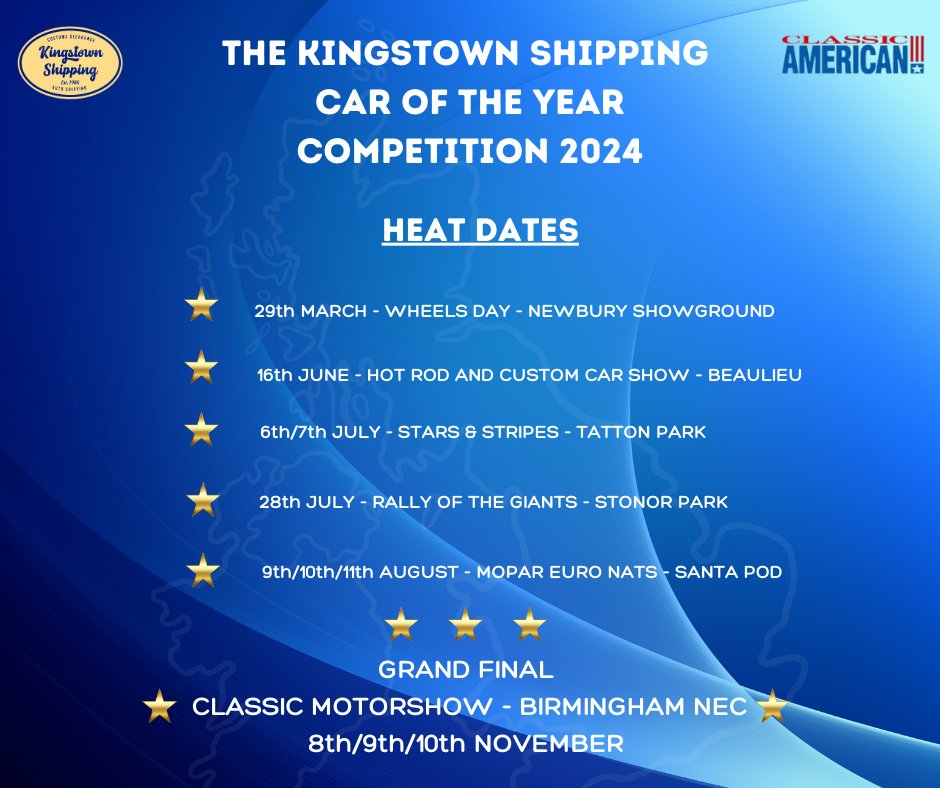 kingstownship's tweet photo. 👉Check out these fantastic heats. Kingstown Shipping &amp; the Classic American Magazine team will be heading out to these brilliant shows for the Kingstown Shipping Car of The Year competition 2024 🏆@classicamericanmag
Kingstown Shipping - Est 1️⃣9️⃣8️⃣6️⃣ https://t.co/isMWMwsstb