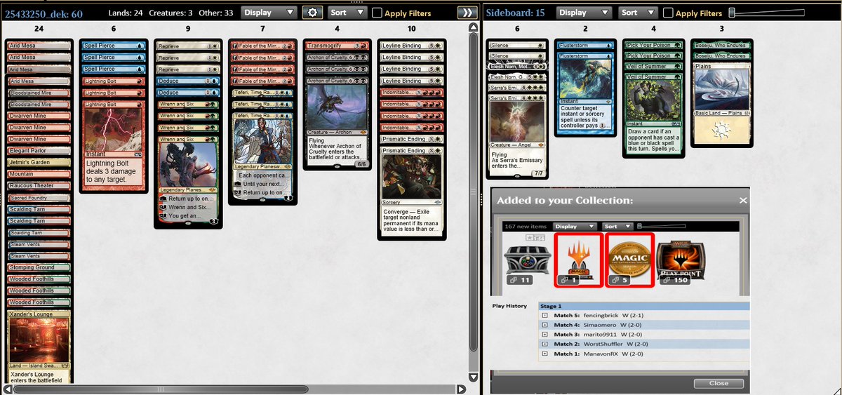 An almost clean league testing for the upcoming <a href="/4Tournaments/">4SeasonsTournaments</a> playing always my creativity.
Matchup:
Yawgmoth✔️✔️
Amulet✔️✔️
Goryo✔️✔️
5c Zoo✔️✔️
5c Rhino❌✔️✔️
