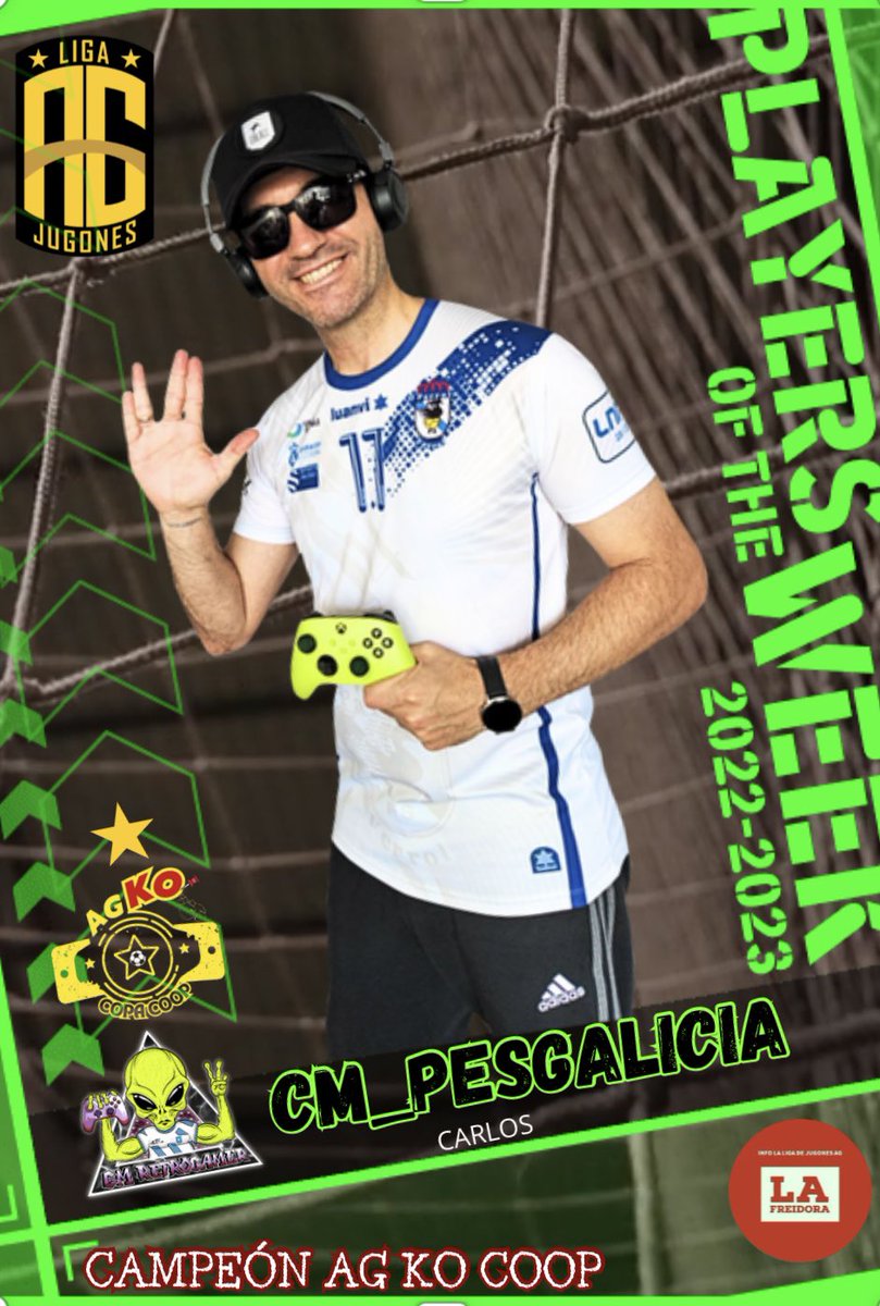 4.<a href="/cm_pesgalicia/">CM_PESGALICIA</a> 
Carlos

El Gallego de es de otro🪐 

Esta vez  viaja a la Tierra 🌍 con una constelación de brillantes Players Of The Week. 

Viene con todo, es el Pulpo Of the Week  y quiere llevar la Copa POTW para exhibirla al lado de AG KO COOP 🎮👥

Logrará 2 campeonatos?