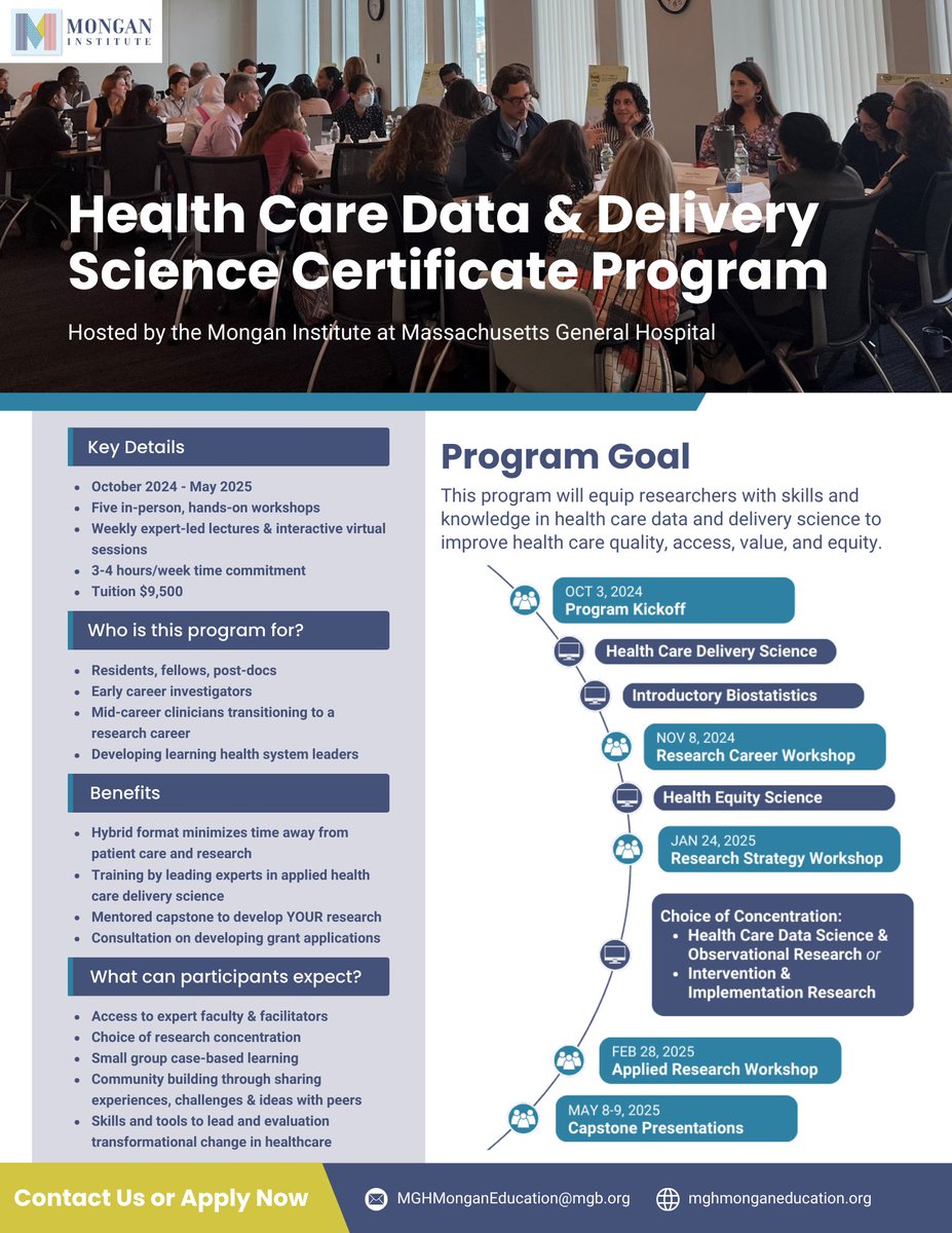 Accelerate your research career at the Mongan Institute!

The 8-month Health Care Data &amp; Delivery Science Certificate Program will help you get the skills and knowledge you need to improve health care quality, access, value, and equity.

Apply today! mghmonganeducation.org/application