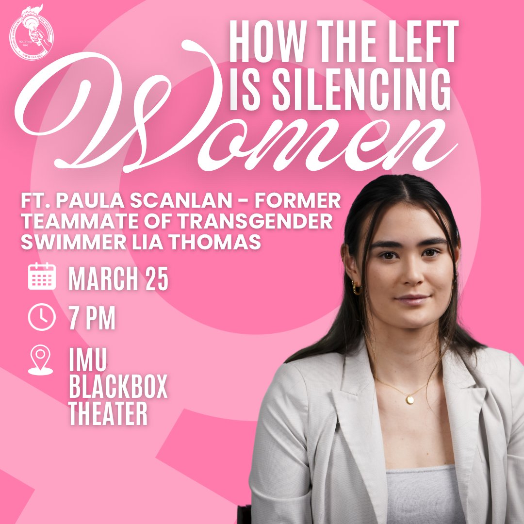 Coming to the University of Iowa on March 25: Former teammate of transgender swimmer Lia Thomas, @PaulaYScanlan to deliver free lecture, Q&A. No tickets required. Doors open at 6:30 p.m. @Iowa_YAF @yaf 'We are females, and we deserve to be protected.' ~ Paula Scanlan