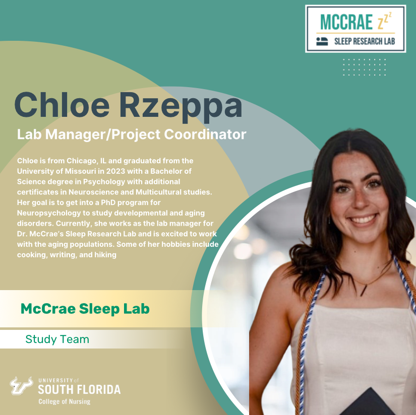 McCrae Sleep Research Lab (@mccraesleep) on Twitter photo Chloe Rzeppa is the main point of contact for participants, it's time to put a face to the name! Chloe manages a lot of tasks in the lab and is also currently coordinating for our NIA-funded study of behavioral sleep interventions for dementia caregivers. <a href="/USFResearch/">USF Research</a> <a href="/USFHealth/">USF Health</a> Chloe Rzeppa is the main point of contact for participants, it's time to put a face to the name! Chloe manages a lot of tasks in the lab and is also currently coordinating for our NIA-funded study of behavioral sleep interventions for dementia caregivers. <a href="/USFResearch/">USF Research</a> <a href="/USFHealth/">USF Health</a>