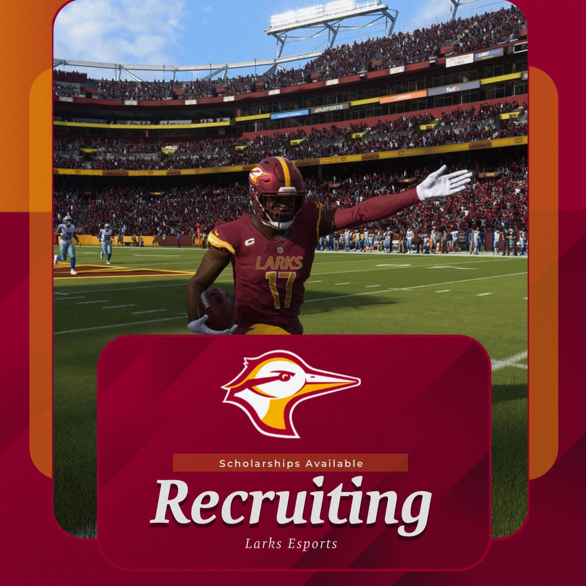 Recruiting is in FULL swing! Madden is just one of the many games we’re recruiting for! 

Want scholarship to play in College? Reach out today!
#GoLarks
