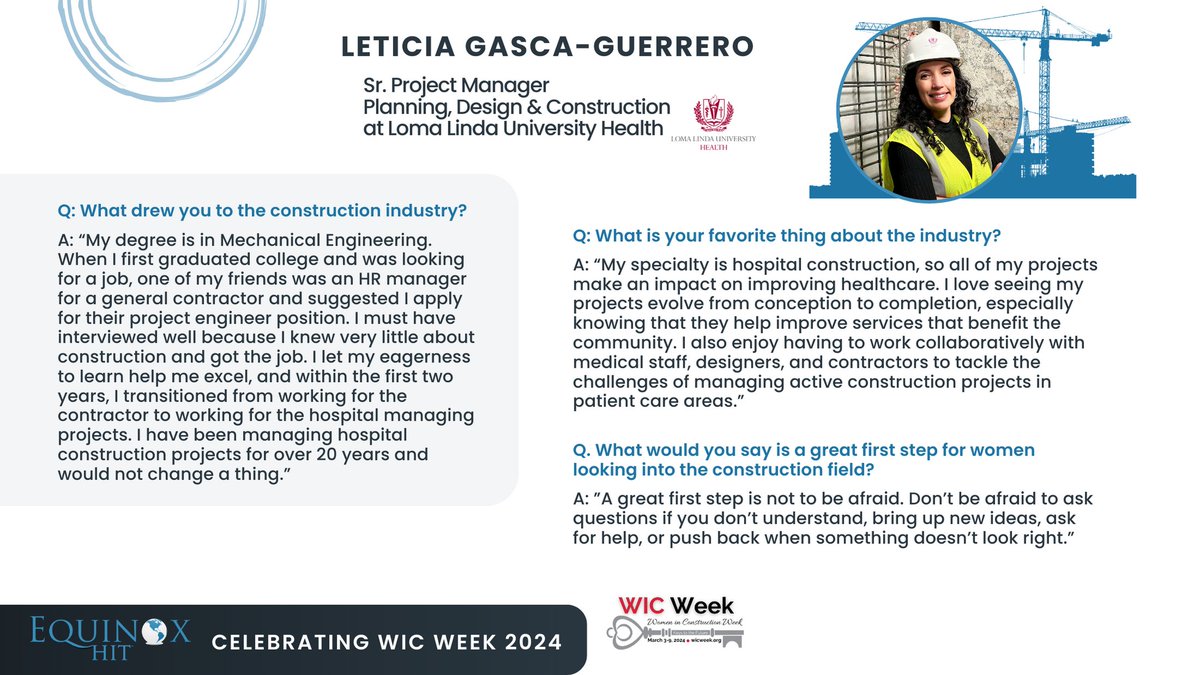 EquinoxHIT's tweet image. It’s @nawicnational's 26th Annual Women in Construction Week! Here are insights with Leticia Gasca Guerrero, Sr. Project Manager at @LLUHealth. #wicweek #wicweek24 #26yearsofwicweek #womeninconstructionweek2024 #WomenInConstruction #healthcareconstruction #equinoxhit
