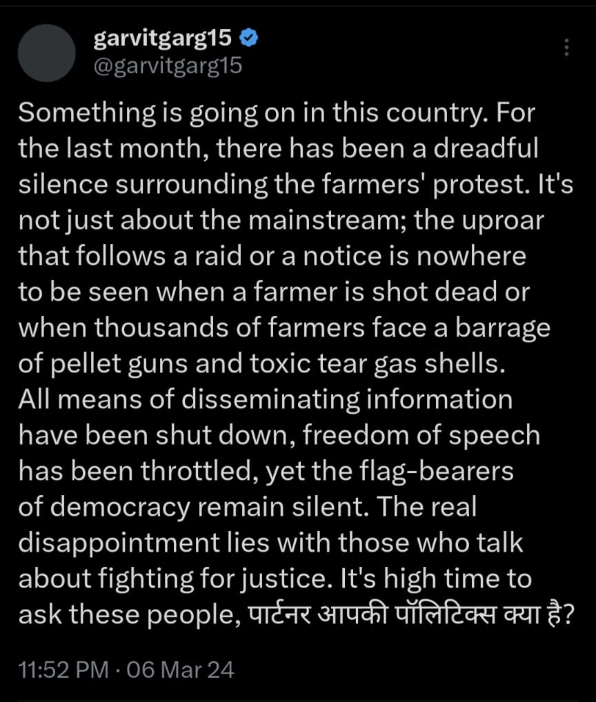 Something is going on in this country. For the last month, there has been a dreadful silence surrounding the farmers' protest. It's not just about the mainstream; the uproar that follows a raid or a notice is nowhere to be seen when a farmer is shot dead or when thousands of