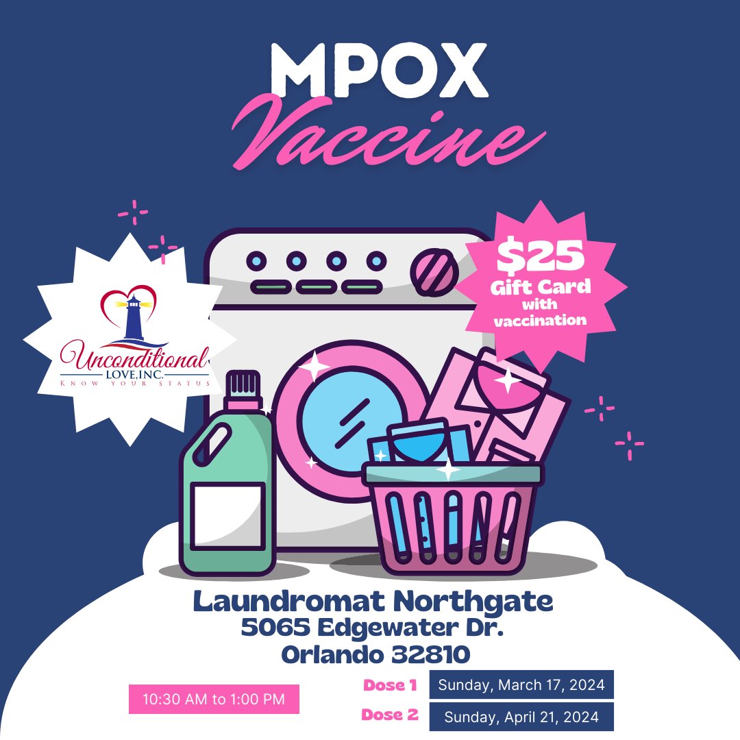 Join us on Sunday, March 17th from 10:30am to 1:00pm in Orlando.

We will offer Mpox vaccines. As a thank you for prioritizing your health, we're giving away $25 gift cards with each vaccination! 

#MpoxVaccine #Orlando #Mpox #health #vaccineevent #nonprofit #floridanonprofit