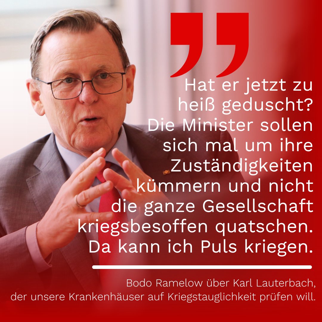 Die Linke Thueringen (@die_linke_th) on Twitter photo "Hat er jetzt zu heiß geduscht? Die Minister sollen sich mal um ihre eigenen Zuständigkeiten kümmern & nicht die ganze Gesellschaft kriegsbesoffen quatschen", sagt <a href="/bodoramelow/">Bodo Ramelow</a> zu den Plänen von Karl Lauterbach, Krankenhäuser "kriegstauglich" zu machen: fr.de/politik/thueri… "Hat er jetzt zu heiß geduscht? Die Minister sollen sich mal um ihre eigenen Zuständigkeiten kümmern & nicht die ganze Gesellschaft kriegsbesoffen quatschen", sagt <a href="/bodoramelow/">Bodo Ramelow</a> zu den Plänen von Karl Lauterbach, Krankenhäuser "kriegstauglich" zu machen: fr.de/politik/thueri…