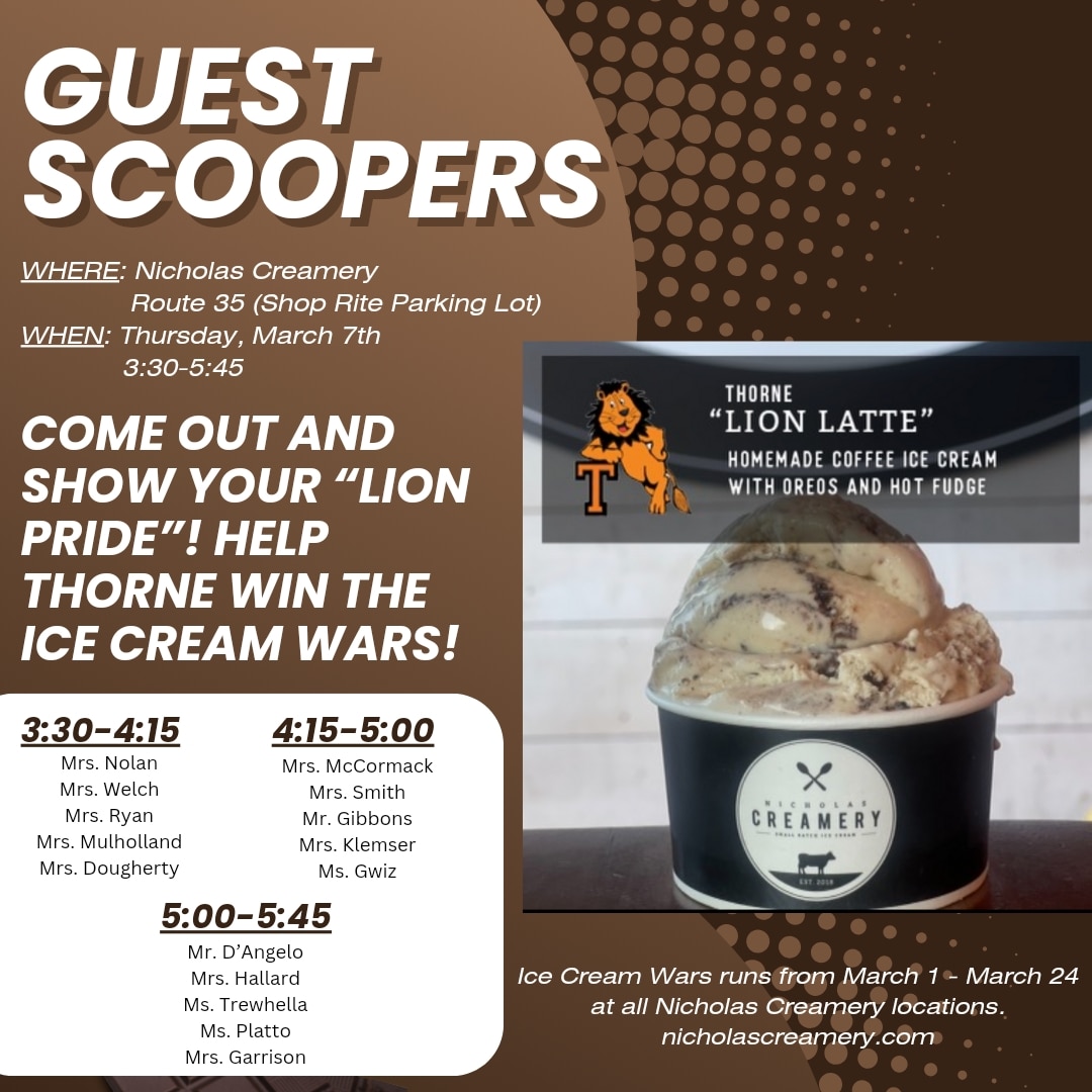 Get your LION LATTE this Thursday at the Middletown Nicholas Creamery and have it scooped by our ROAR-some "Guest Scoopers"! @MrsSmithTMS <a href="/ThorneGuidance/">Thorne Guidance</a> #180WaysLionsLead #MTPSPride