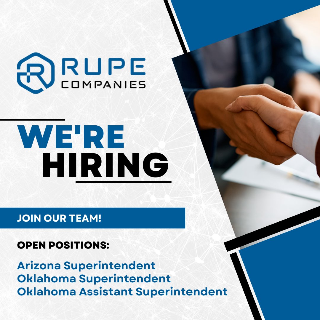 RupeCompanies's tweet photo. Are you ready for a rewarding career in the construction industry? Rupe Companies is seeking qualified candidates for the following positions:

🔹 Arizona Superintendent
🔹 Oklahoma Superintendent
🔹 Oklahoma Assistant Superintendent

Click here to apply: https://t.co/0aIrFFZOoR https://t.co/qShHQEnQUj